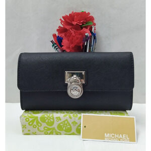 Michael Kors Hamilton Black Leather Lock Credit Card Bifold Wallet